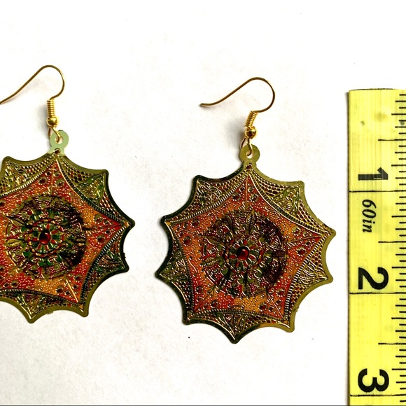 Gold Byzantine Flower Medallion Sun Drop Earrings - Picture 6 of 7